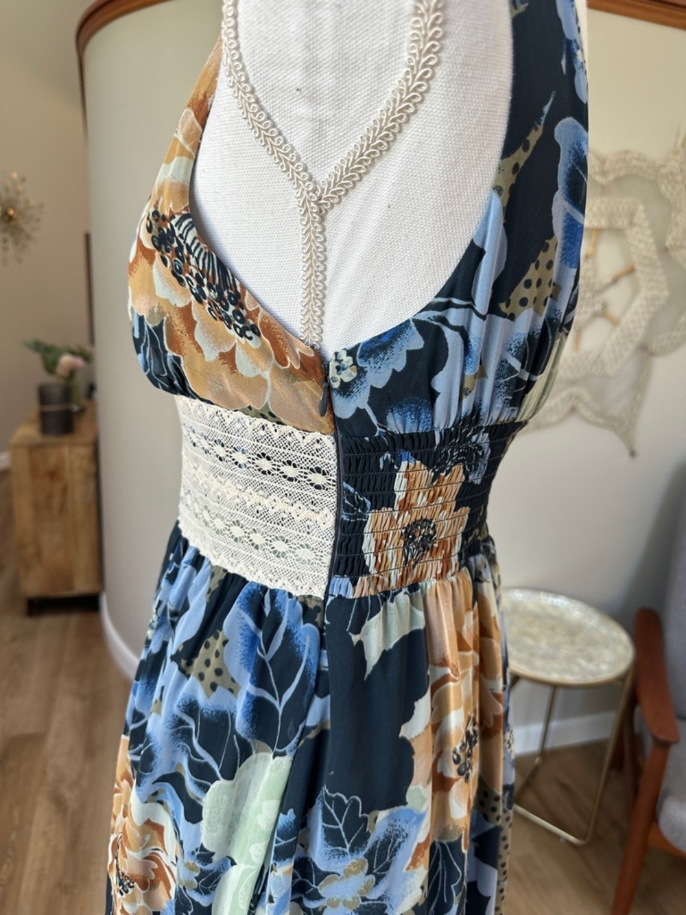 Free People Navy Multi Floral Midi Dress with Crochet Waistband - Picture 3 of 13